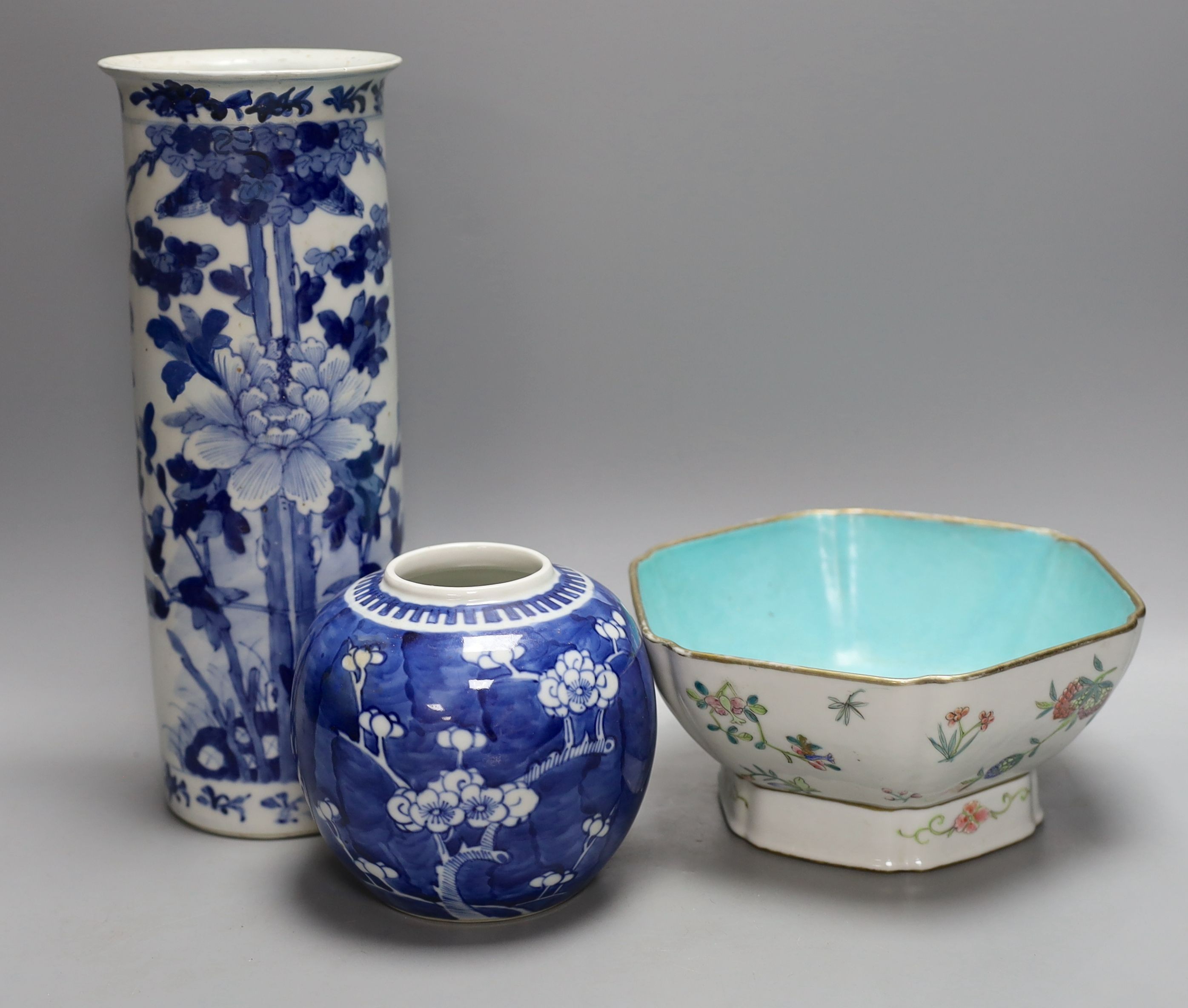 19th century Chinese ceramics, to include a jar, vase and hexagonal famille rose bowl - tallest 29.5cm